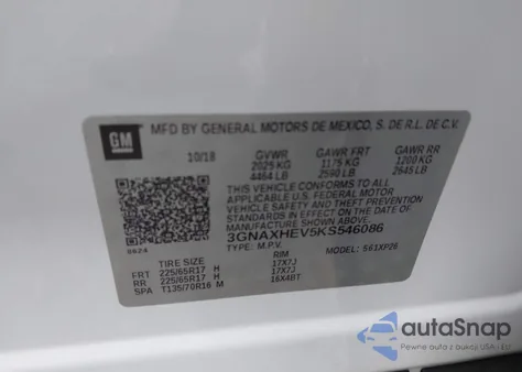 2019 Chevrolet Equinox Ls z USA, uszkodzony, nr VIN 3GNAXHEV5KS546086